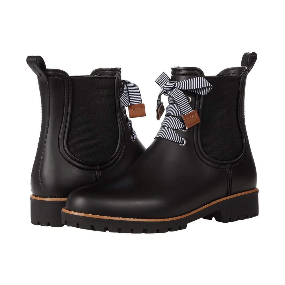 Bernardo Zina Rain Boots Women 9 Black Chelsea Ankle Rubber Lug Sole Preppy